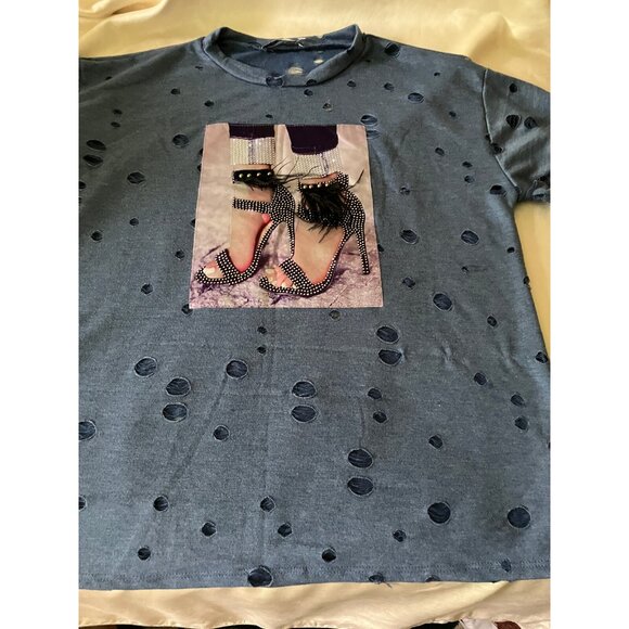 LOVE J Blue Blouse Top T-shirt w Holes Distressed Heels Shoes Pop Art Trendy S - Picture 3 of 13